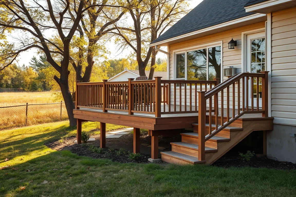 deck with railing beside a Nebraska-style home
