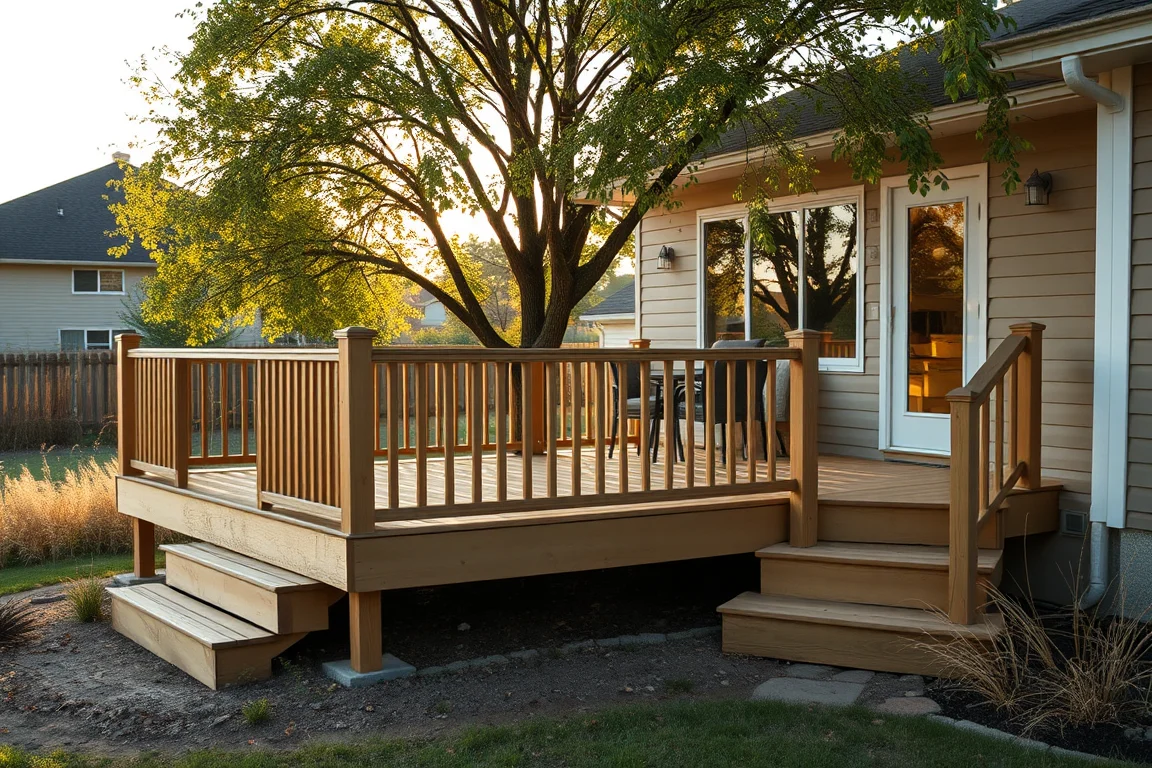 deck with railing beside a Nebraska-style home