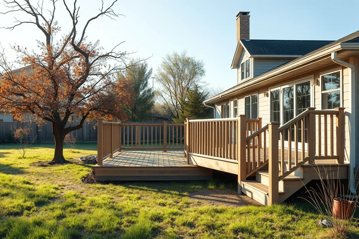 deck with railing beside a Nebraska-style home