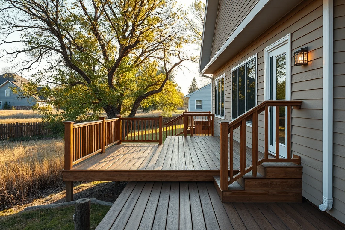 deck with railing beside a Nebraska-style home
