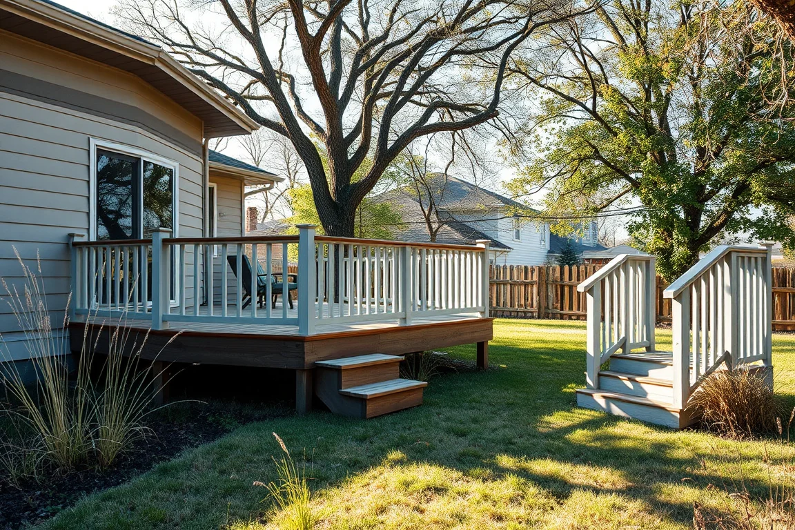 deck with railing beside a Nebraska-style home