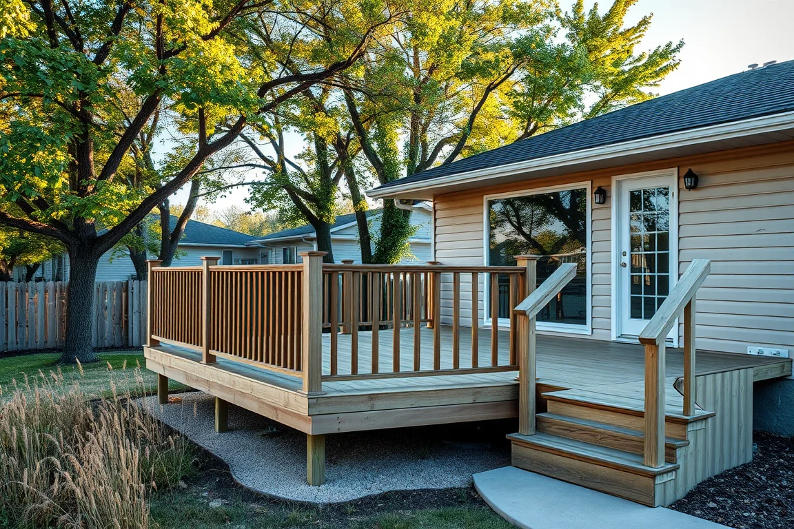 deck with railing beside a Nebraska-style home
