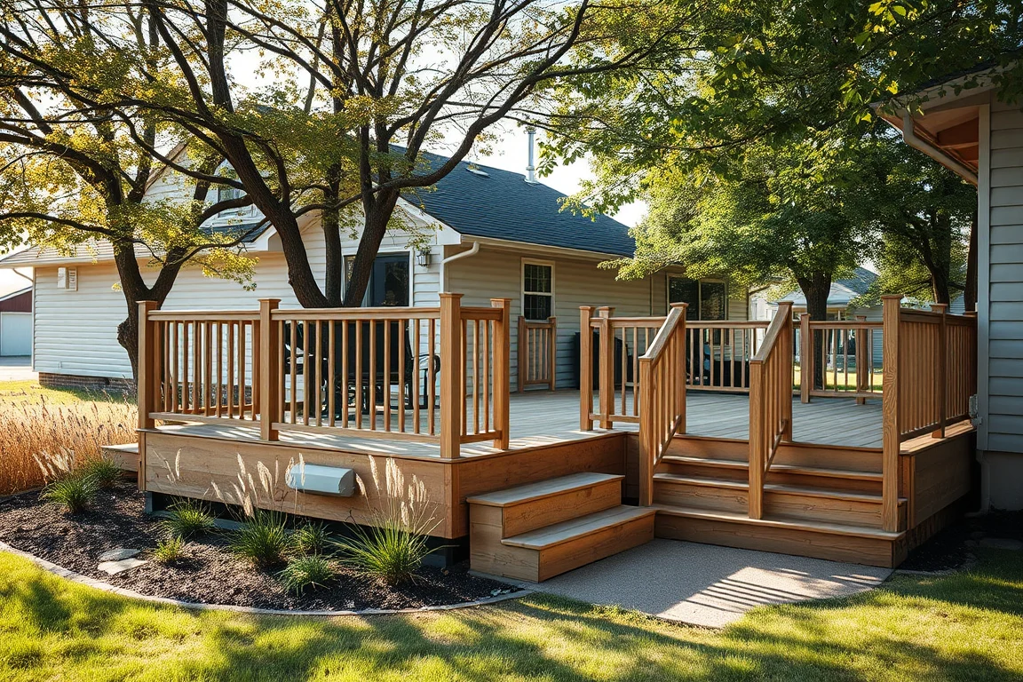 deck with railing beside a Nebraska-style home