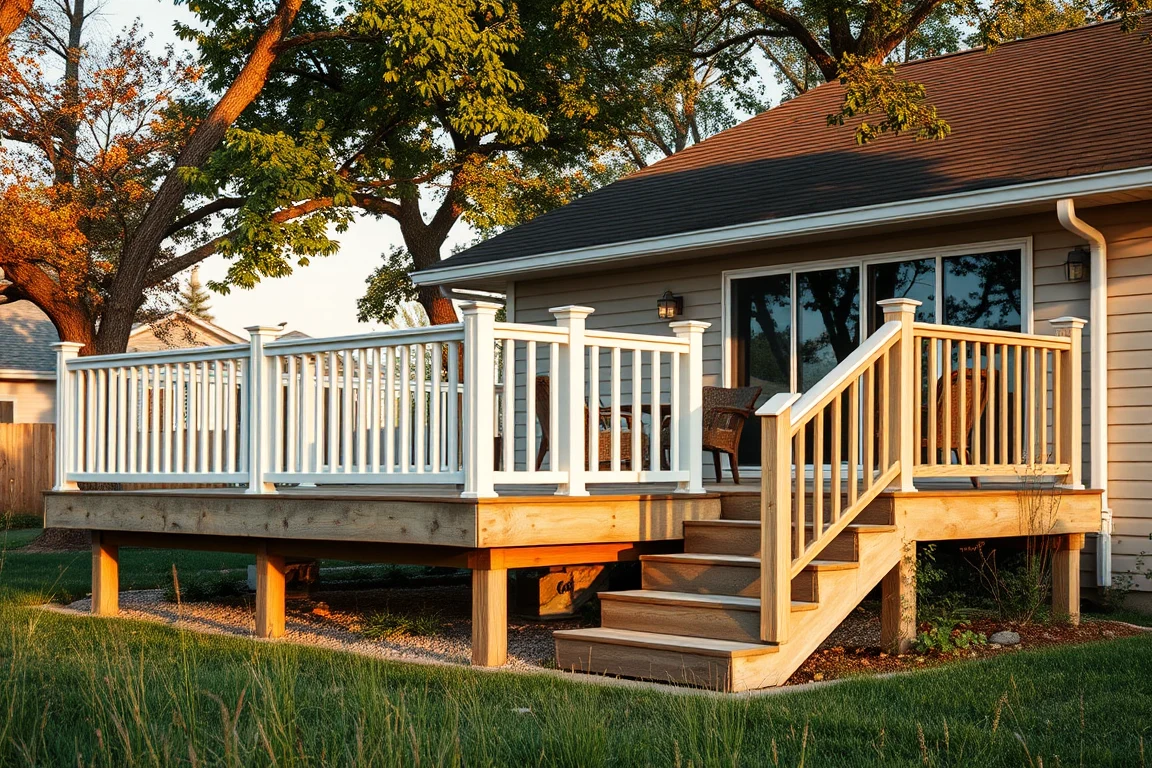 deck with railing beside a Nebraska-style home