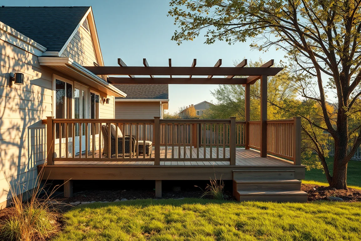 deck with railing beside a Nebraska-style home