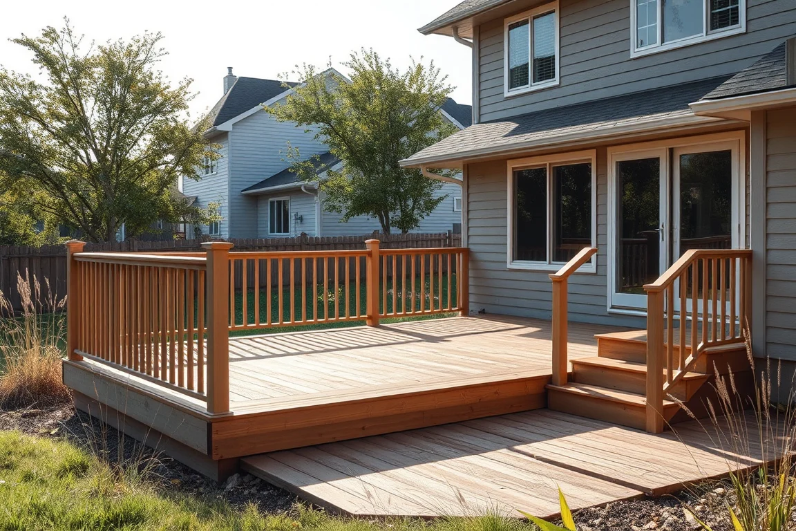 deck with railing beside a Nebraska-style home
