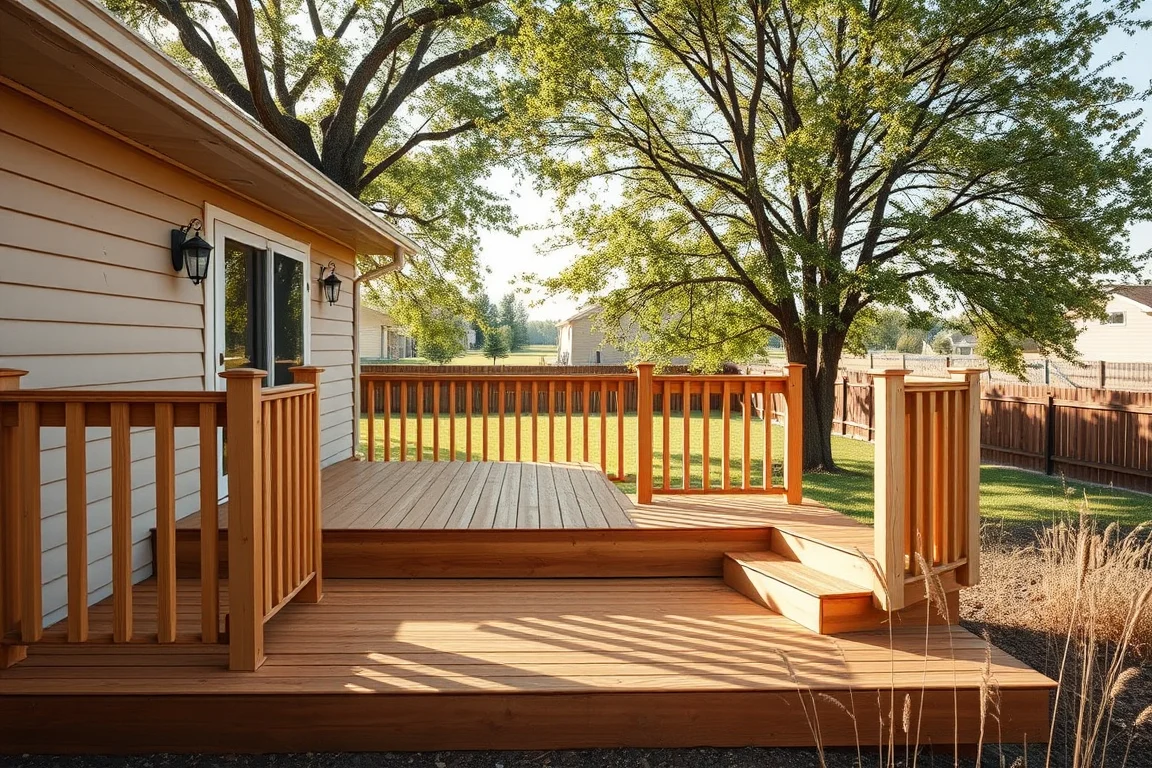 deck with railing beside a Nebraska-style home