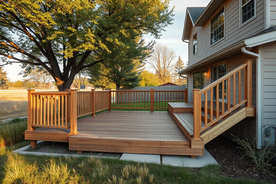 deck with railing beside a Nebraska-style home